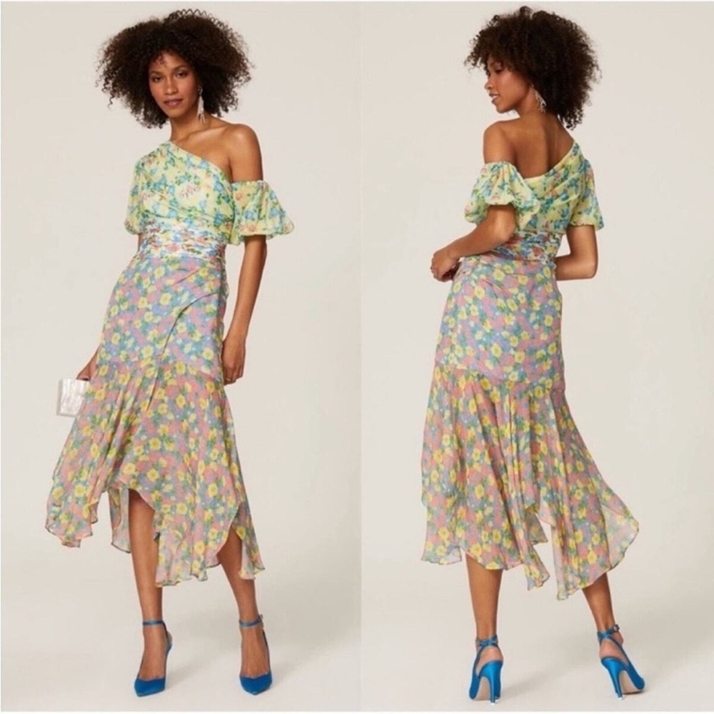 AMUR Jaylah Patchwork Floral Silk Midi Dress Blue Pink Asymmetrical Size 4 $598